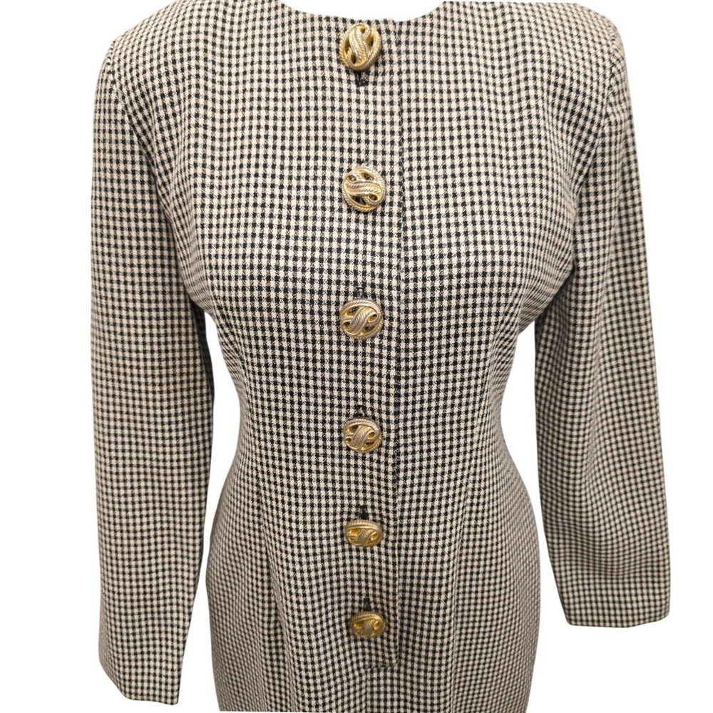 Vtg 90s SANTA FE Houndstooth Coat Dress 2 Midi Longline Blazer Gold Crest Button - Picture 5 of 10